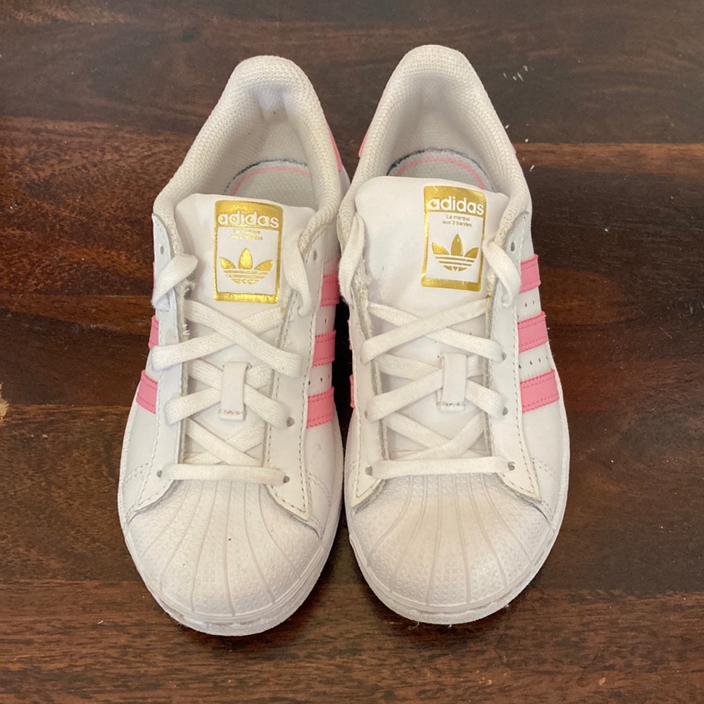 Adidas, white and pink, superstar shoes.